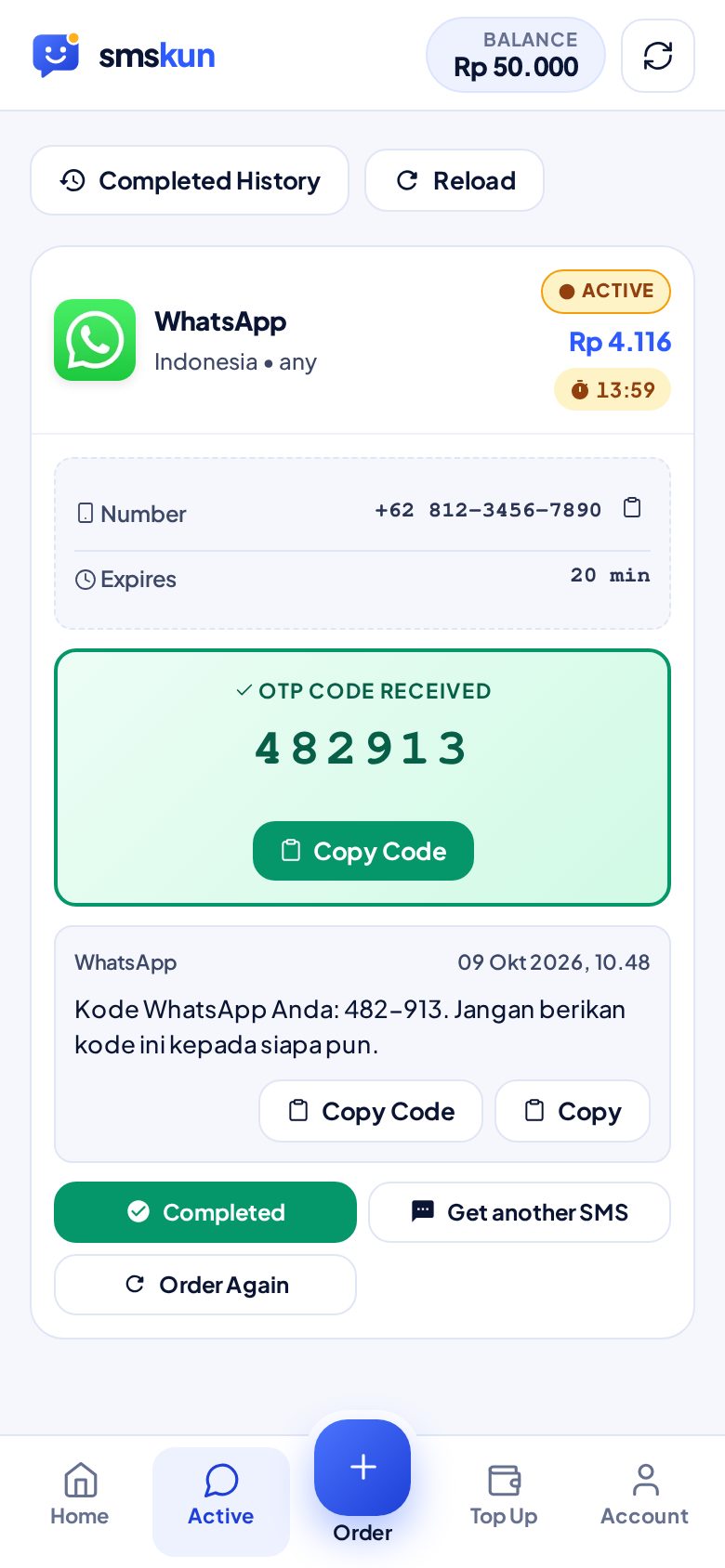 Contoh tampilan Active Orders di smskun saat kode SMS masuk (nomor & kode contoh).