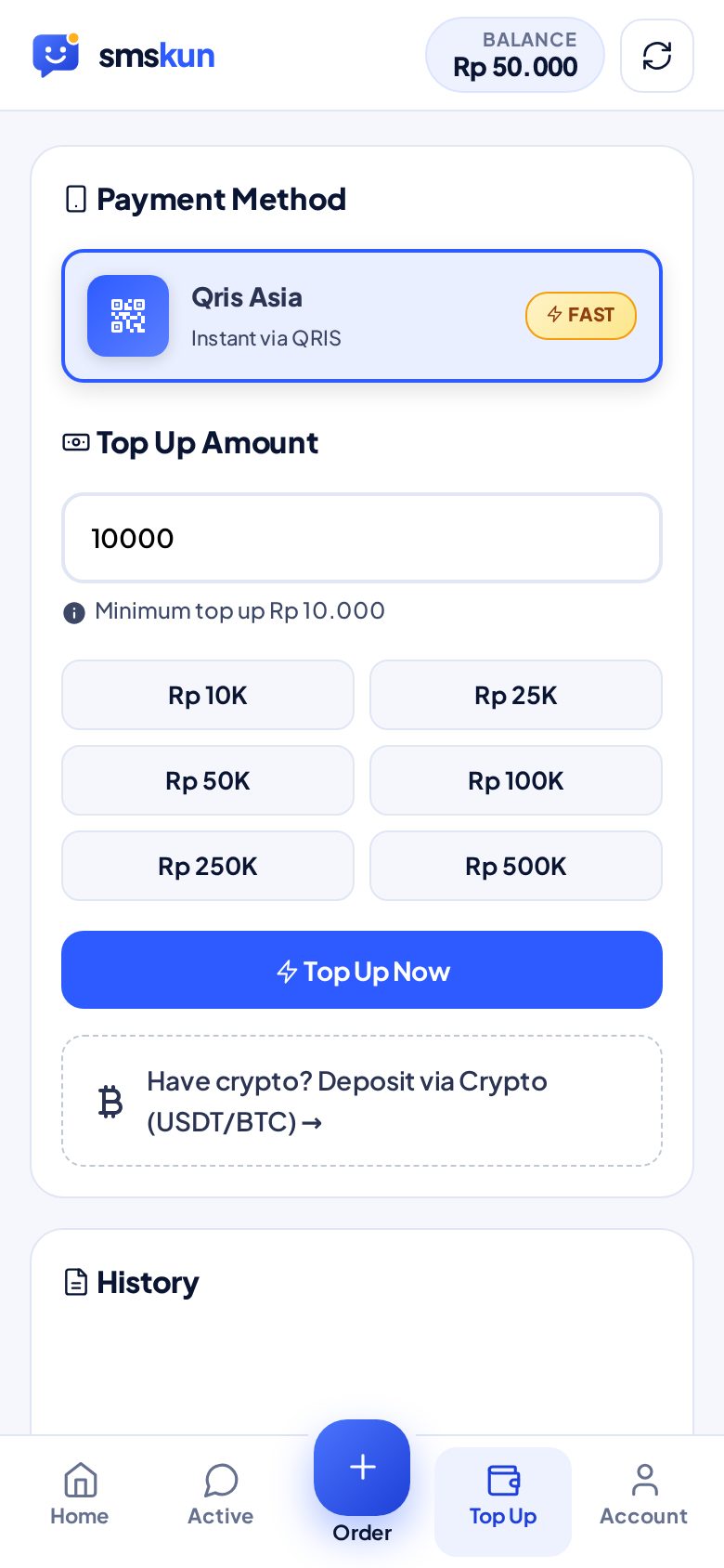 Halaman Top Up smskun: QRIS atau kripto, minimal Rp 10.000.